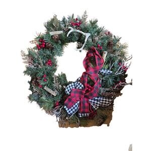 Handmade Buffalo Plaid Antler Branches Berries Branches Christmas Wreath 24"
